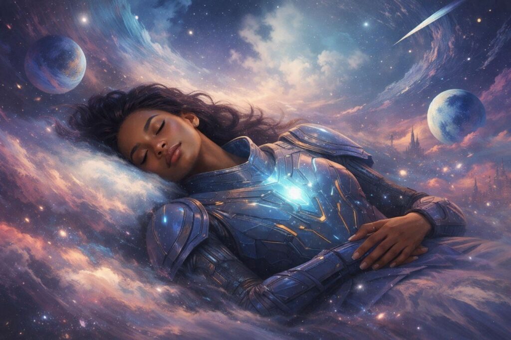 A woman Dream Emissary lies asleep in a cosmic astral landscape, eyes closed in calm concentration, faint blue and violet light radiating from her chest and hands as star-filled skies and distant planets curve around her, suggesting dreamwalking and travel between worlds.